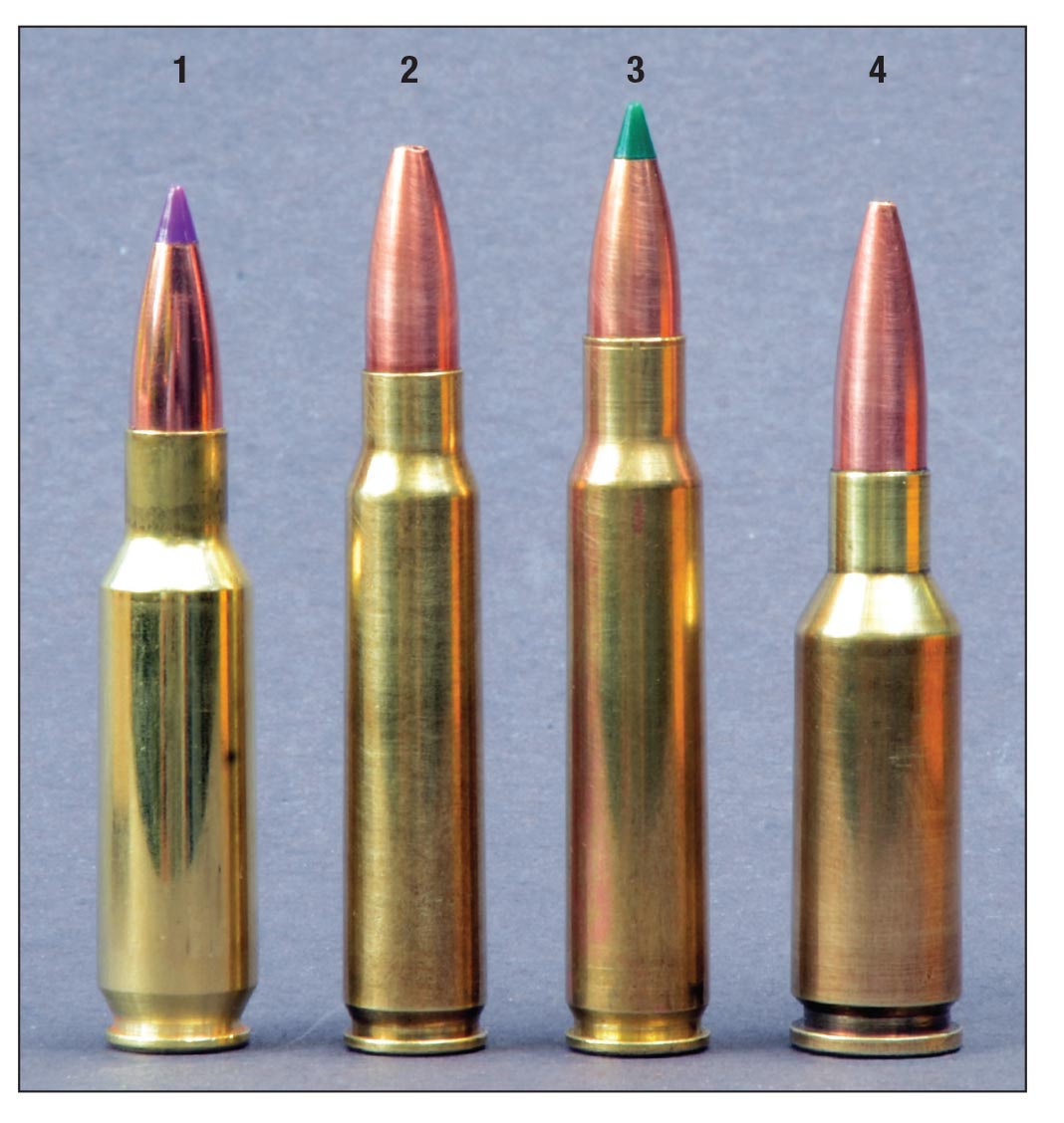 The .24 Nosler is shown here with other 6mm cartridges comparable in performance: (1) .24 Nosler, (2) 6x45mm (.223 Remington case), (3) 6x47mm (.222 Remington Magnum case) and the (4) 6mm PPC.